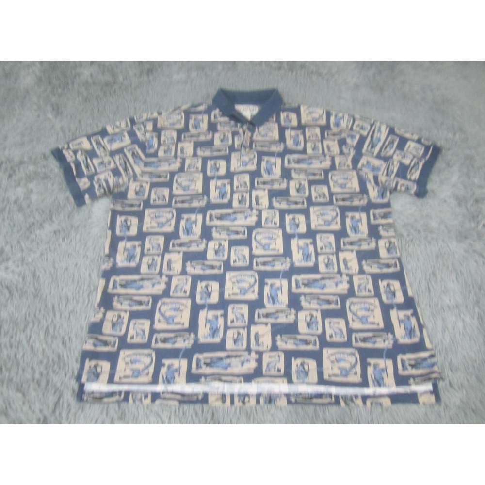 Roundtree Yorke Shirt Mens XL Blue Fisherman Graphic Polo Casual Short‎ Sleeve